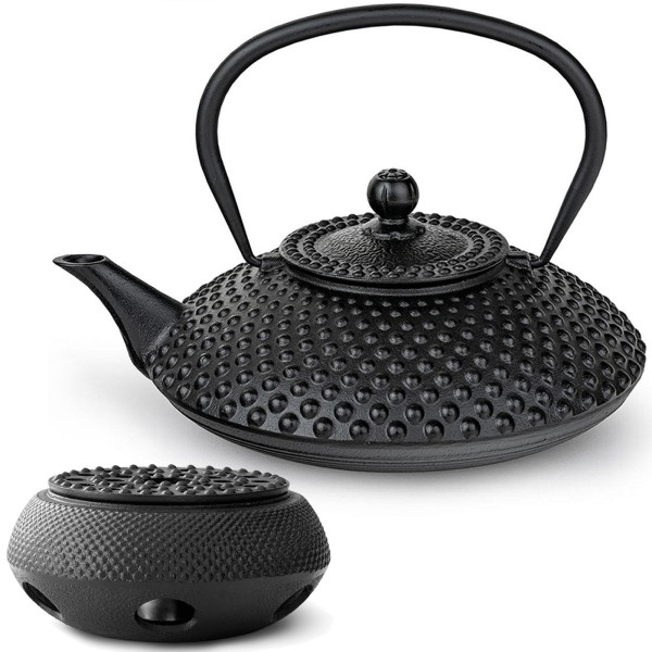 Bredemeijer große flache Asia Teekanne 1.25 Liter Induktion Set aus Gusseisen schwarz & Stövchen