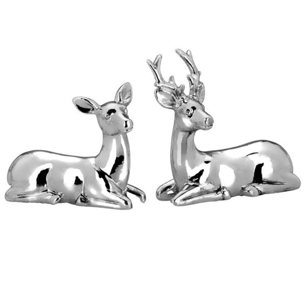 Deko Hirsch-Paar 7,8 cm liegend 2 Stück versilbertes Mini Hirschfiguren Set aus Kunststein