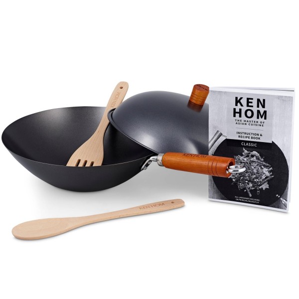 Ken Hom 5-tlg. Wok Set 31 cm mit Holzgriff beschichteter Karbonstahl - ohne Induktion