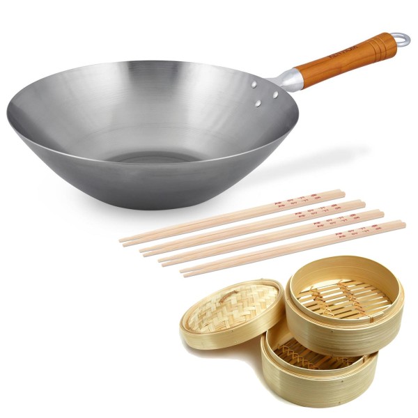 Ken Hom Wok 31 cm Karbonstahl unbeschichtet mit Holzgriff & Zubehör - ohne Induktion