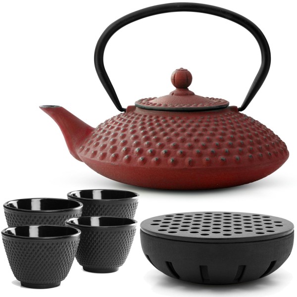Bredemeijer Gusseisen Teekanne 1250 ml rot Teekannen Set mit Teewärmer & 4 Teebecher