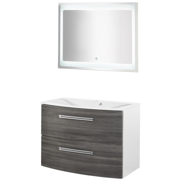 Fackelmann Badmöbel Set Lugano grau 3-tlg. mit Gussbecken & LED Badspiegel