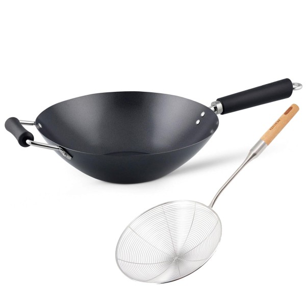 Ken Hom Wok Set 31 cm Induktion Antihaft aus Karbonstahl mit Phenolharz-Griff & Schaumlöffel