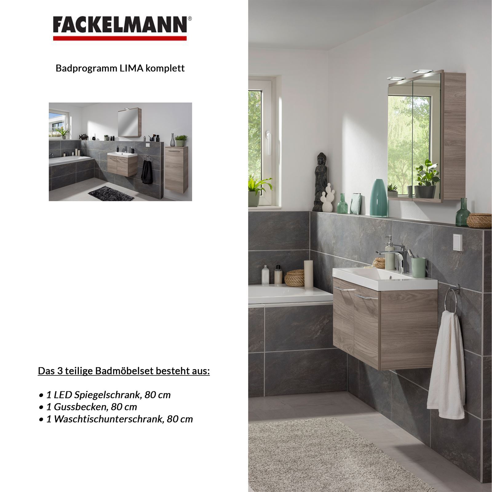 Fackelmann braunes Badezimmer Set & LED Spiegelschrank 3 ...