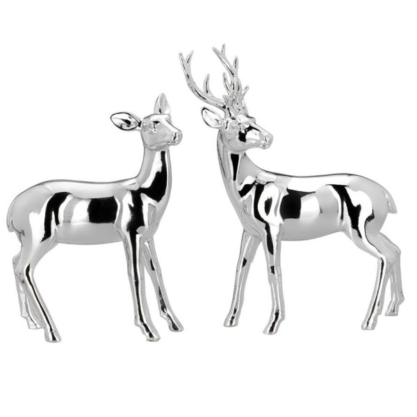 Deko Hirsch-Paar 22,5 cm stehend 2-teilig versilberte Tierfiguren aus Kunststein im Set