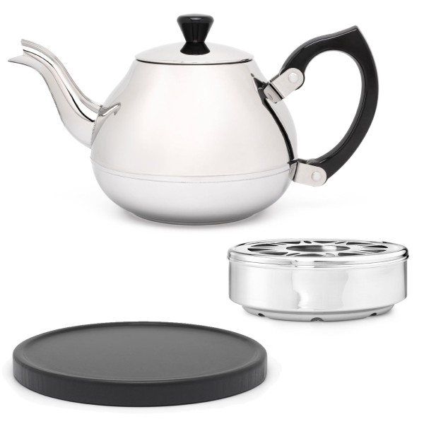 glänzende einwandige Edelstahl Teekanne 0.75 L schwarzer Griff & schwarzer Holzuntersetzer & Teewärmer