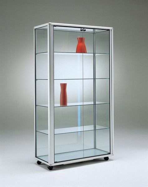 stabile rollbare beleuchtete Alu-Glasvitrine Ausstellung mit Schloss 99 x 45 cm - Art.-Nr. OL9945-mb-r