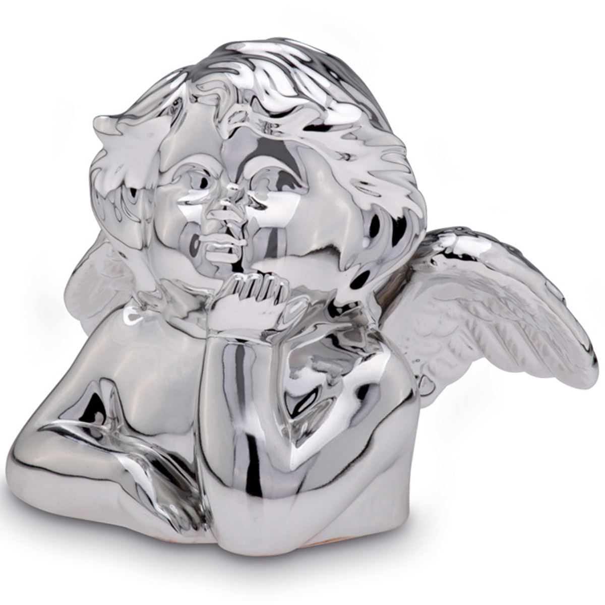 kleiner glänzender silberner Porzellan Deko Engel Höhe 11.6 cm | MM-ComSale