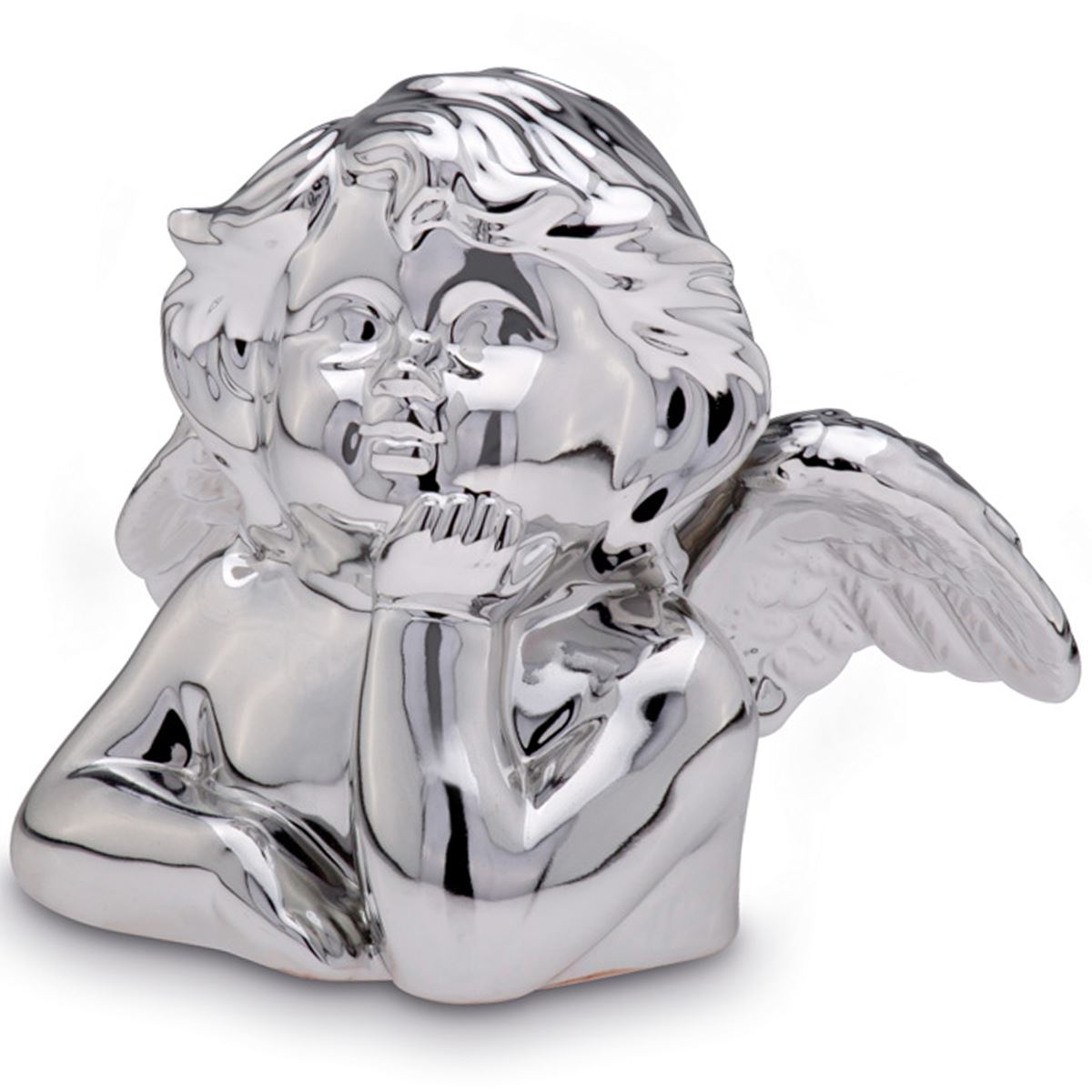 kleiner glänzender silberner Porzellan Deko Engel Höhe 9.2 cm