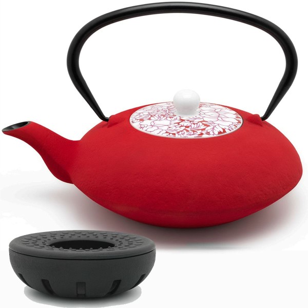 asiatische Teekanne Gusseisen rot & Teewärmer