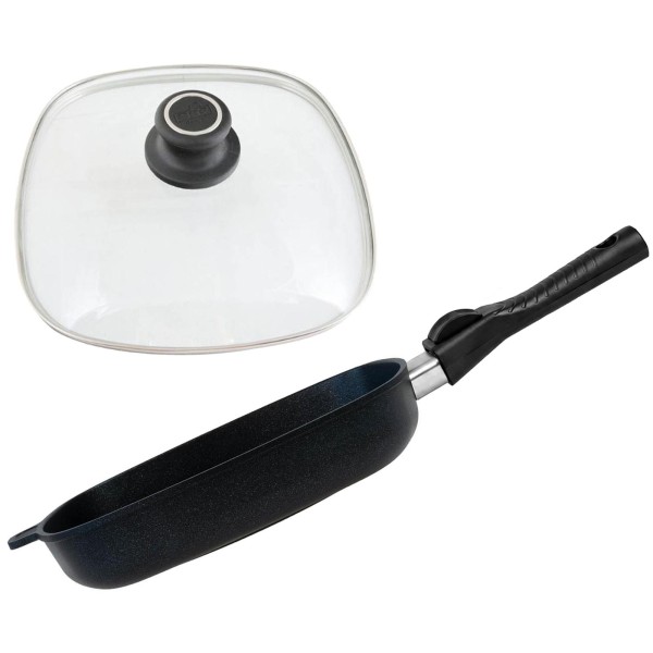 BAF Grillpfanne 28x28 cm Induktion mit Deckel & abnehmbarem Griff antihaftbeschichtet Aluguss