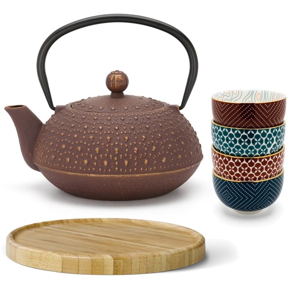 Bredemeijer Guss-Teekannen Set 0.9 L lila mit Holzuntersetzer braun & 4 Porzellan Teetassen