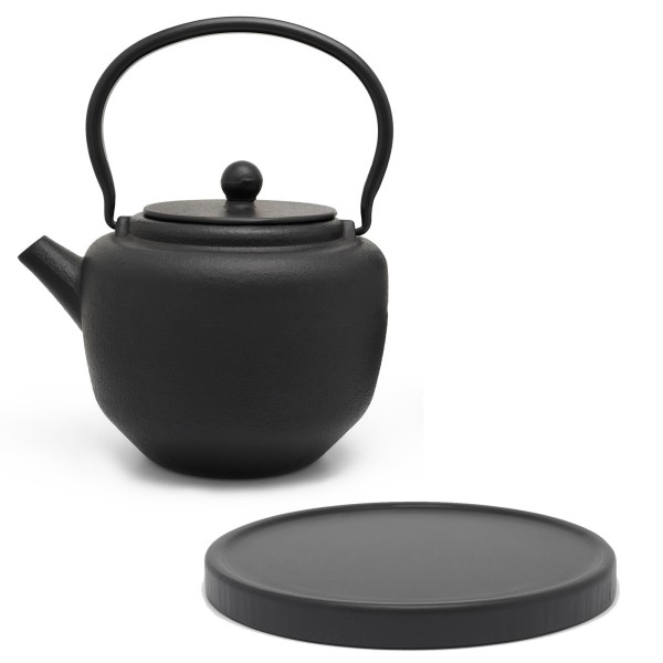 schwarzes asiatisches Guss Teekannen Set 1.3 Liter inkl. schwarzer Holzuntersetzer