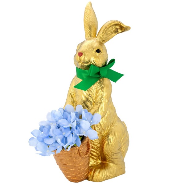 Osterhase Dekofigur 41.5 cm Kunststein goldfarben Hase mit Blumen-Körbchen & grüner Schleife - Art.-Nr. 6564