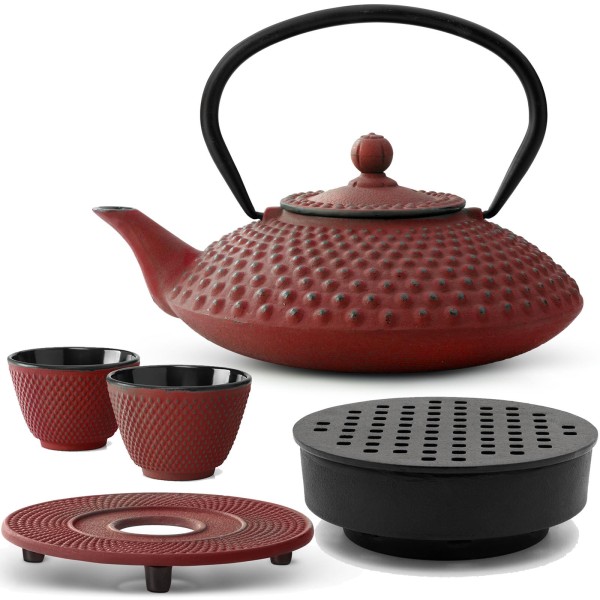 Bredemeijer rotes Asia Gusseisen Teekannen Set 1.25 Liter - Teebereiter mit Stövchen & Untersetzer & Teebecher