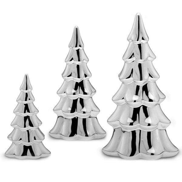Deko Tannenbaum im Set 25, 20 & 15 cm hoch 3-teilig silberglänzende Bäume aus Porzellan