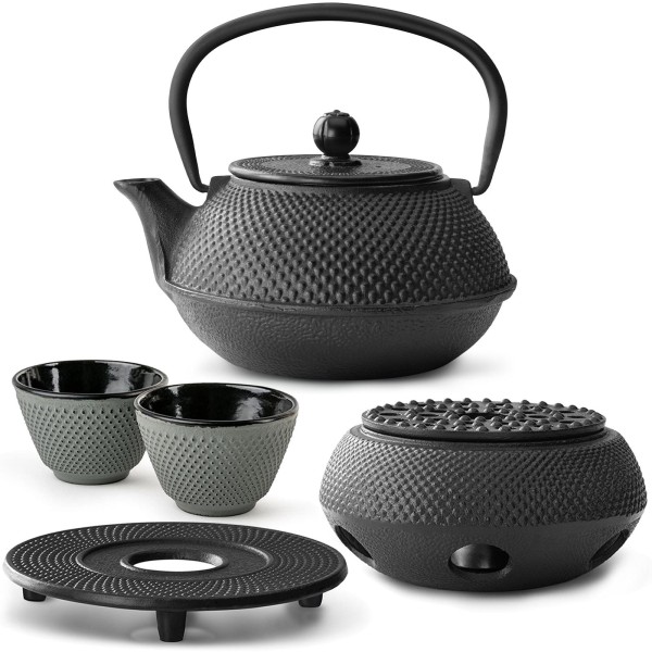 Bredemeijer asiatische Guss Teekanne 0.8 Liter schwarz im Set mit Stövchen, Untersetzer & 2 Becher grün