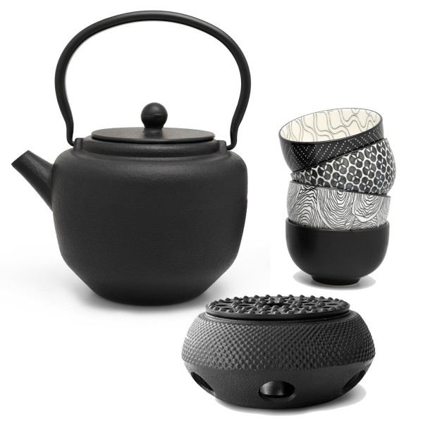 schwarzes asiatisches Guss Teekannen Set 1.3 Liter mit 4 Porzellan-Teebecher und Stövchen