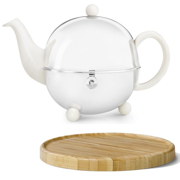 Bredemeijer weiße Keramik Teekanne mit Sieb 1.3 Liter glänzend & Holzuntersetzer braun