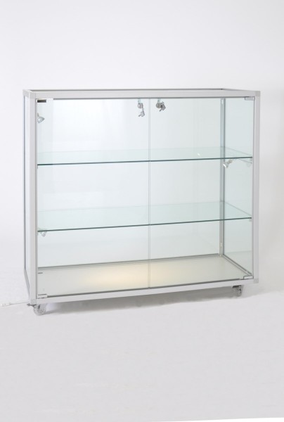 Thekenvitrine Glas abschließbar Aluminium ca 100 cm mit Glasrückwand / auf Rollen
