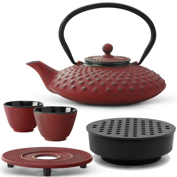Bredemeijer rotes Asia Gusseisen Teekannen Set 0.8 Liter - Teebereiter mit Stövchen & Untersetzer & Teebecher