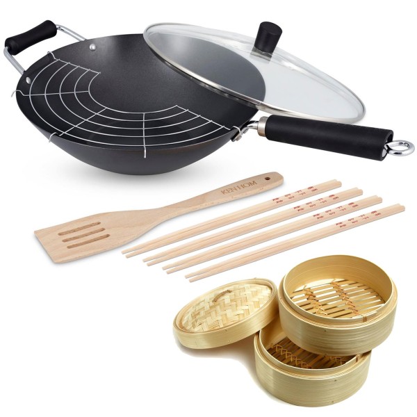 Ken Hom 13-tlg. induktives Wok Set 31 cm mit Gegengriff Karbonstahl Antihaft - Set inkl. Zubehör