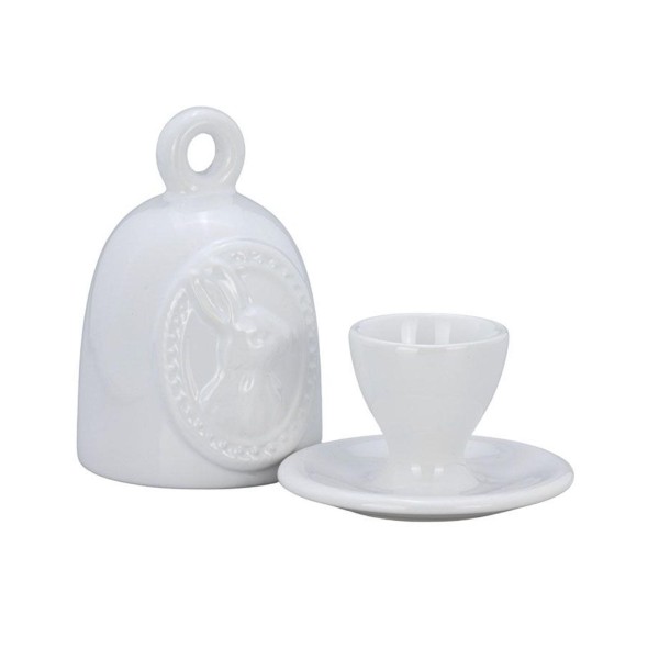 Porzellan Eierbecher mit Glocke 13 cm weißer Frühstücks-Eierhalter mit Hasenmotiv
