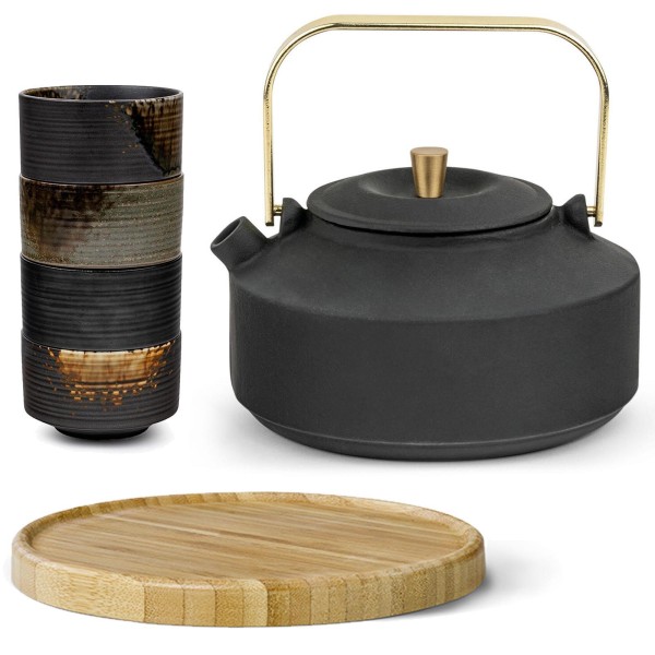 Bredemeijer schwarze Guss Teekanne 1,0 Liter Kanne mit 4 Becher, braunem Untersetzer & Teefilter