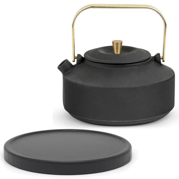 Bredemeijer Teekanne 1,0 Liter schwarze Kanne mit goldfarbenen Henkel & schwarzem Untersetzer