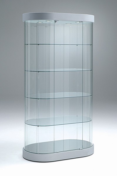 große ovale moderne Design Glasvitrine mit Schloss 97 x 56 cm rollbar - Art.-Nr. PV96-56 H190-mb-4LED-grau