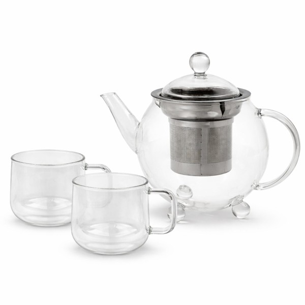 Bredemeijer Mini Teekanne 0,5 Liter Glas einwandig mit Edelstahl-Teefilter & 2 Teegläser