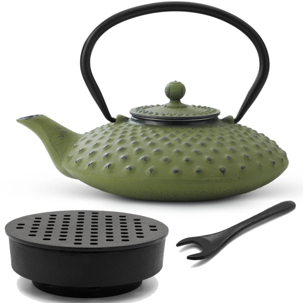 Bredemeijer grünes Asia Gusseisen Teekannen Set - Gusskanne mit gelochtem Stövchen & Deckelheber 0.8 Liter