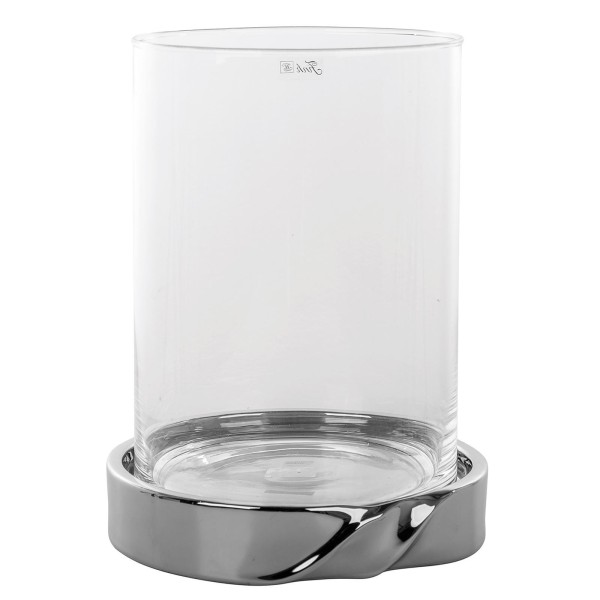 Fink großes Glas-Windlicht Ø 24 cm Stumpenkerzenhalter mit silbernem Keramik-Fuß - Art.-Nr. 128046