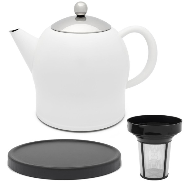 Bredemeijer weiße doppelwandige Edelstahl Teekanne 1.4 L Teefilter & schwarzer Holzuntersetzer