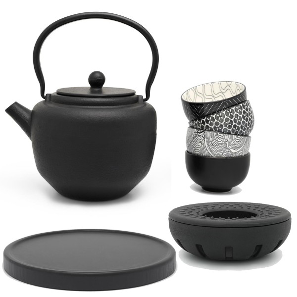 schwarzes asiatisches Guss Teekannen Set 1.3 Liter mit schwarzem Holzuntersetzer Teewärmer & Becher
