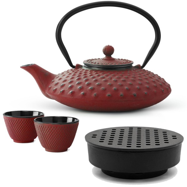 Bredemeijer rotes Gusseisen Teekannen Set 0.8 Liter - asiatischer Teebereiter mit Stövchen & Teebecher