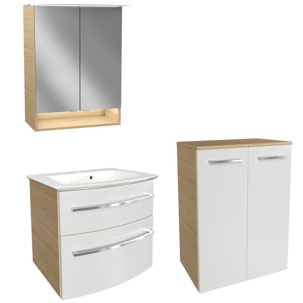 Fackelmann Badmöbel Set B.Style 4-tlg. weiß-braun Midischrank & Gussbecken  & LED Spiegelschrank 60 cm | MM-ComSale