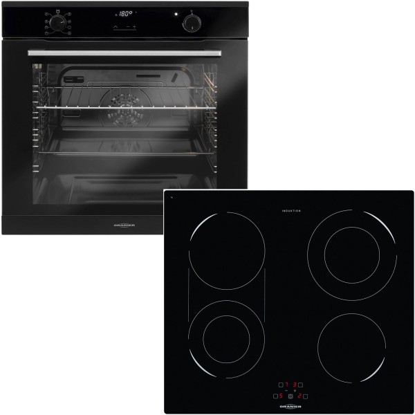 Oranier schwarzes Pyrolyse Einbaubackofen Set & 60 cm breites Induktionskochfeld KFI 9962 TC