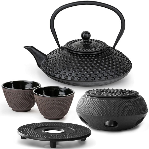 Bredemeijer Guss Teekannen Set 1.25 Liter schwarz mit lila Bechern, Untersetzer & Stövchen 2