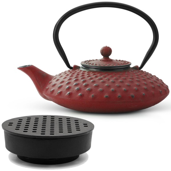 Bredemeijer rotes Gusseisen Teekannen Set - asiatischer Teebereiter mit gelochtem Guss-Stövchen 0.8 Liter