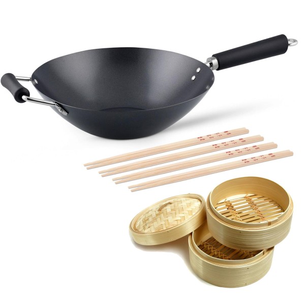 Ken Hom induktiver Antihaft Wok 31 cm aus Karbonstahl mit Gegengriff - Set inkl. Zubehör