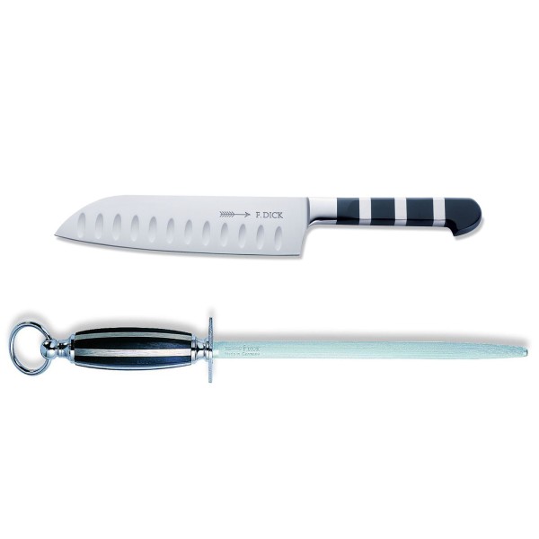 Dick 1905 breites Santoku Messer 18 cm Kullenschliff & runder Standard Wetzstahl 25 cm