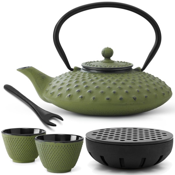 Bredemeijer grünes asiatisches Teekannen Set Gusseisen Teewärmer 2 Teebecher & Deckelheber