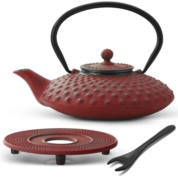 Bredemeijer rote Asia Teekanne Set aus Gusseisen mit Untersetzer & Deckelheber