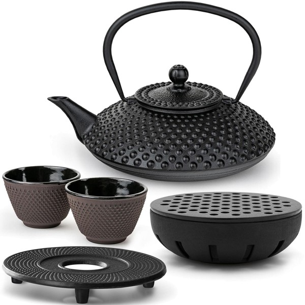 Bredemeijer Teekanne 1.25 Liter schwarzes Guss Set mit lila Bechern, Untersetzer & Teewärmer 2