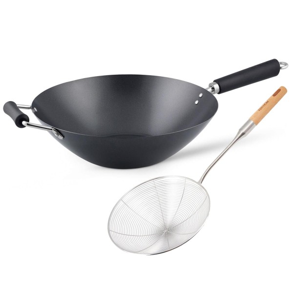 Ken Hom Antihaft Wok Set 35 cm Induktion Karbonstahl mit Phenolharz-Griff & Schaumlöffel