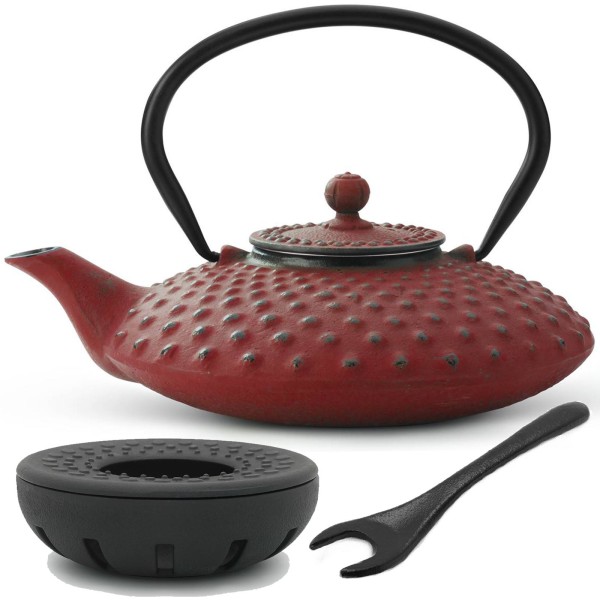 rotes asiatisches Teekannen Set Gusseisen Xilin & Teewärmer & Deckelheber 0,8 Liter