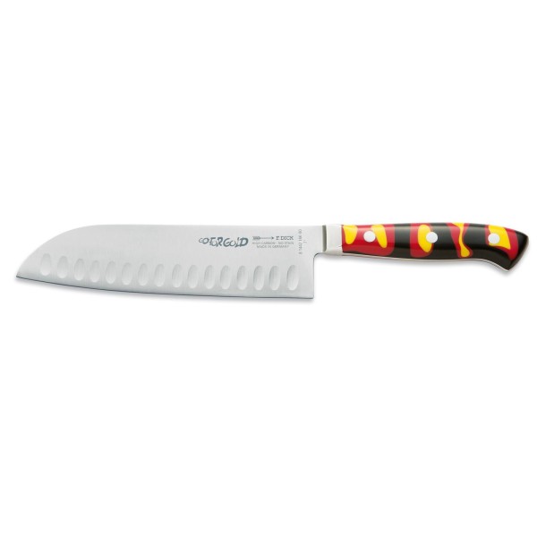 Dick Santokumesser 18 cm Kullenschliff Klinge hochlegierter Stahl schwarz-rot-gelber Griff - Art.-Nr. 81442182K-80