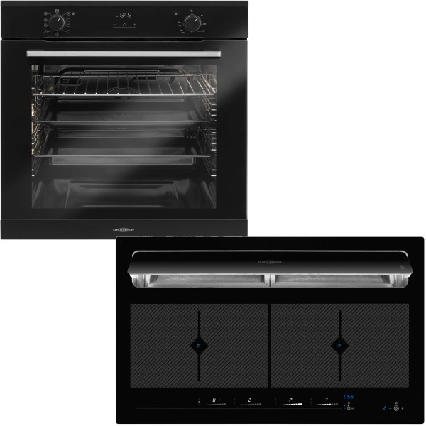 Oranier schwarzes Einbaubackofen Set & Flächen Induktionskochfeld Abzug KFL 2094 bc Umluft