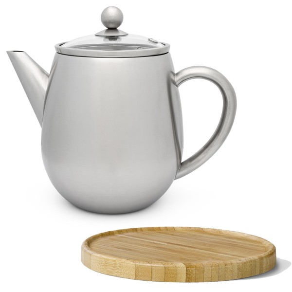 kleine hohe doppelwandige Edelstahl Teekanne 1.1 Liter mit Filtersieb & brauner Holzuntersetzer